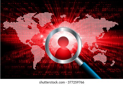 Magnifying Glass scanning and identifying a computer virus. Antivirus protection and computer security concept. PC. vector one zero. technology digital website internet web .World map. people scan