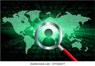 Magnifying Glass scanning and identifying a computer virus. Antivirus protection and computer security concept. PC. vector one zero. technology digital website internet web .World map. people scan