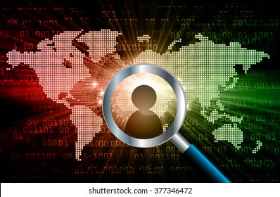 Magnifying Glass scanning and identifying a computer virus. Antivirus protection and computer security concept. PC. vector one zero. technology digital website internet web .World map. people scan