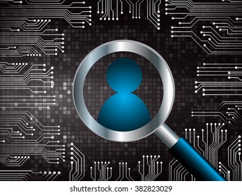 Magnifying Glass scanning and identifying a computer virus. Antivirus protection and computer security concept. PC. vector one zero. technology digital website internet web .World map. people scan
