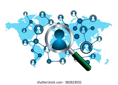 Magnifying Glass scanning and identifying a computer virus. Antivirus protection and computer security concept. PC. vector one zero. technology digital website internet web .World map. people scan