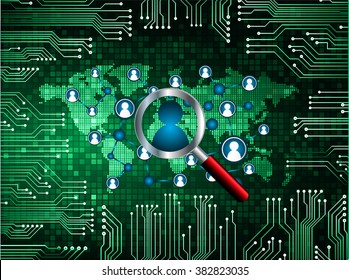 Magnifying Glass scanning and identifying a computer virus. Antivirus protection and computer security concept. PC. vector one zero. technology digital website internet web .World map. people scan