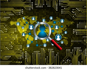 Magnifying Glass scanning and identifying a computer virus. Antivirus protection and computer security concept. PC. vector one zero. technology digital website internet web .World map. people scan