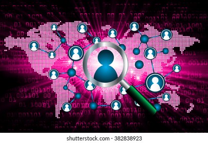 Magnifying Glass scanning and identifying a computer virus. Antivirus protection and computer security concept. PC.vector one zero. technology digital website internet web .World map. pink people scan