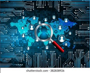 Magnifying Glass scanning and identifying a computer virus. Antivirus protection and computer security concept. PC. vector one zero. technology digital website internet web .World map. people scan