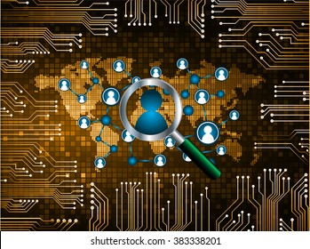 Magnifying Glass scanning and identifying a computer virus. Antivirus protection and computer security concept. PC. vector. technology digital website internet web .World map