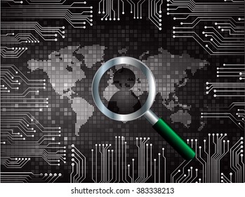 Magnifying Glass scanning and identifying a computer virus. Antivirus protection and computer security concept. PC. vector. technology digital website internet web .World map