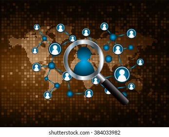 Magnifying Glass scanning and identifying a computer virus. Antivirus protection and computer security concept. PC. vector one zero.technology digital website internet web .World map.people scan.brown