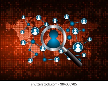 Magnifying Glass scanning and identifying a computer virus. Antivirus protection and computer security concept. PC.vector one zero.technology digital website internet web .World map.people scan.orange