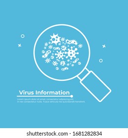 Magnifying Glass scanning and identifying virus, germs and bacteria.  Corona Virus 2020.