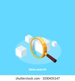 magnifying glass scattered white cubes, isometric image