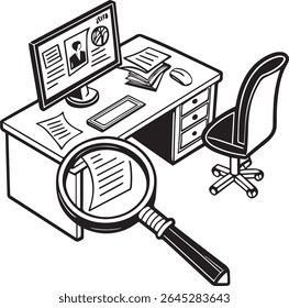 A magnifying glass scrutinizes a document in this hand-drawn illustration of an office desk. The scene represents research, hiring, data analysis, or a detailed investigation.