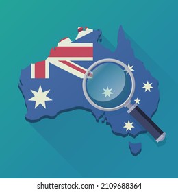 Magnifying glass scrutinizing a map of Australia in the colors of the Australian flag (flat design)