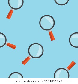 Magnifying glass seamless pattern on blue background.  Vector illustration