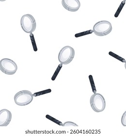 Magnifying glass seamless pattern repeating isometric magnifier on white background