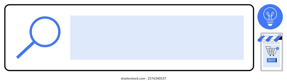 Magnifying glass in search bar with lightbulb icon and shopping cart. Ideal for e-commerce, creativity, online shopping, innovation, and digital marketing. Simple, clean, minimalistic style