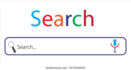 A magnifying glass search button and a microphone icon for voice search in the search bar. Vector.