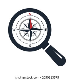 Magnifying glass for search compass rose vector design template.