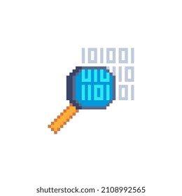 Magnifying glass or search and digital code pixel art icon. Web site design. 8-bit. Game assets. Magnifier isolated on white background abstract vector illustration. Element design for mobile app.