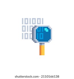 Magnifying glass or search and digital code pixel art icon. Web site design. 8-bit. Game assets. Magnifier isolated on white background abstract vector illustration. Element design for mobile app.