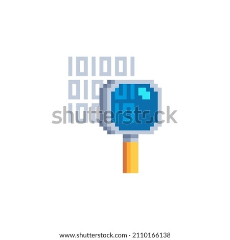 Magnifying glass or search and digital code pixel art icon. Web site design. 8-bit. Game assets. Magnifier isolated on white background abstract vector illustration. Element design for mobile app.
