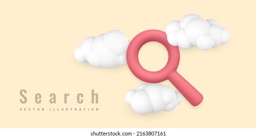 Magnifying glass. Search icon symbol in clouds isolated on light background. Vector illustration.