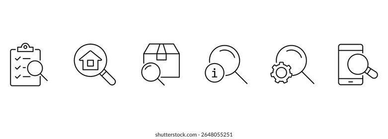 Magnifying glass search inspect checklist home package info settings mobile analysis icons vector illustration outline UI pack.