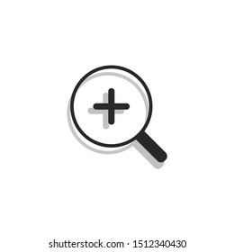 Magnifying glass or search with plus in the middle, icon with a shadow behind on isolated background