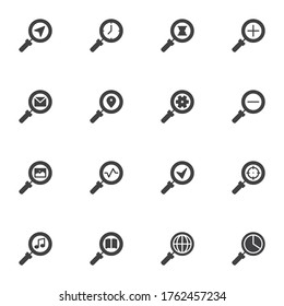 Magnifying glass, search vector icons set, modern solid symbol collection, filled style pictogram pack. Signs, logo illustration. Set includes icons as global search, settings, gallery, time, music