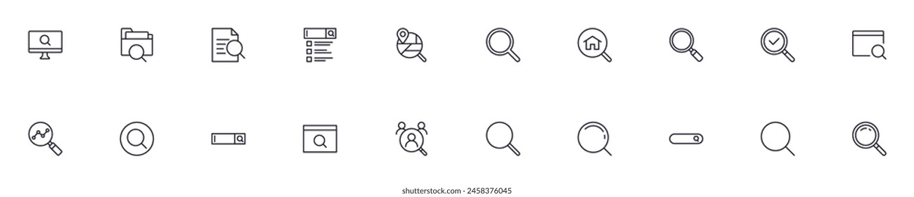 Magnifying glass and search vector images collection. Simple linear illustration that can be used as a design element for apps and websites 