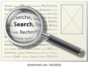 Magnifying Glass. With "Search" Word on Different Languages. Vector Illustration