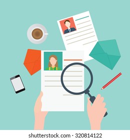 Magnifying glass searching business people, Human resources, vector illustration.