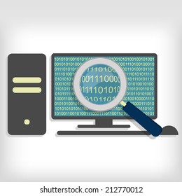 A magnifying glass searching and looking for sequences of bytes in pc. Searching bytes in pc