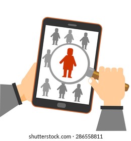 magnifying glass searching people online using smartphone, mobile  people search magnifying glass icon. Hand ser holding a tablet showing search icon