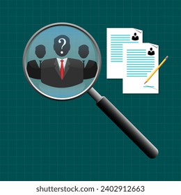 Magnifying glass searching for personnel to work. Human resources, hiring and recruitment concept. Flat vector illustration