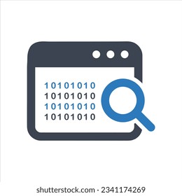 Magnifying glass searching through computer code icon