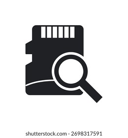 Lupa procurando ou vendo um cartão de memória em estilo sólido.