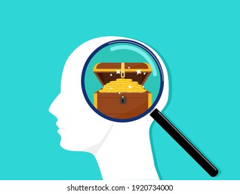 A magnifying glass to see the treasure in the human head. vector