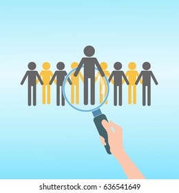 Magnifying glass seeking people. Job search and career choice employment. Online Concept. Vector Illustration