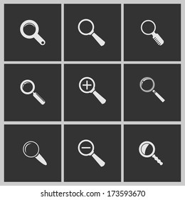  Magnifying glass, set of different white icons.