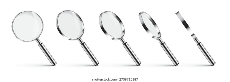 Conjunto de lupa de cinco lentes con mango plateado en diferentes ángulos y posiciones. Iconos de lupa detallados en 3D para búsqueda, zoom, inspección, conceptos de estudio científico. Ilustración vectorial realista.