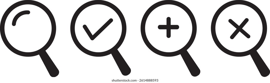 Magnifying glass set. Magnifying glass loupe icon set vector. Search icon. Zoom symbol. Check mark true and false symbol tick icon
