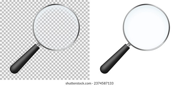 Magnifying glass set. Scaling and exploring tool with long handle and concave mirror glass realistic vector design