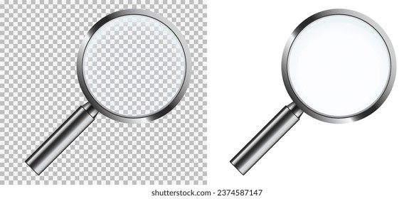 Magnifying glass set. Scaling and exploring tool with long handle and concave mirror glass realistic vector design