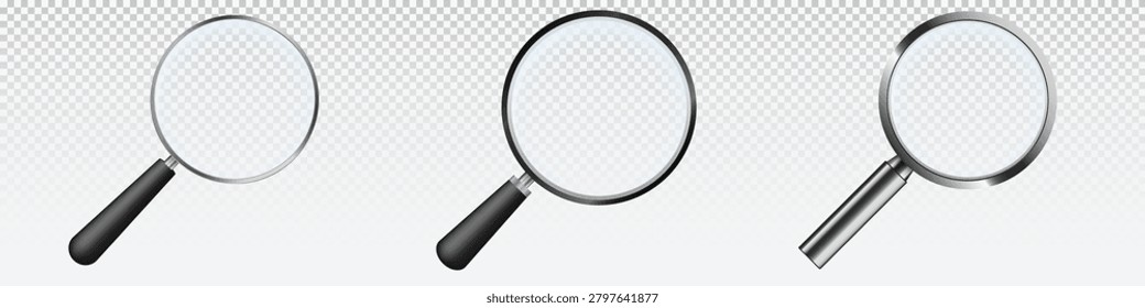 Magnifying glass set. Scaling and exploring tool with long handle and concave mirror glass realistic vector design