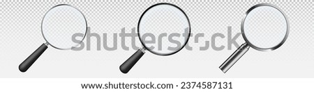 Magnifying glass set. Scaling and exploring tool with long handle and concave mirror glass realistic vector design