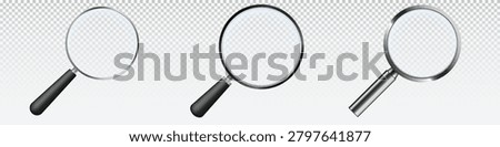 Magnifying glass set. Scaling and exploring tool with long handle and concave mirror glass realistic vector design