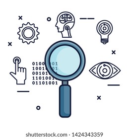 magnifying glass with set tech icons vector illustration design