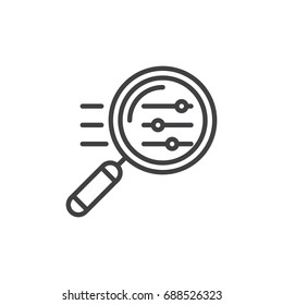 Magnifying glass with settings sliders line icon, outline vector sign, linear style pictogram isolated on white. Symbol, logo illustration. Editable stroke. Pixel perfect vector graphics