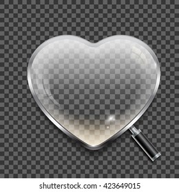 Magnifying glass in the shape of the heart on transparent background